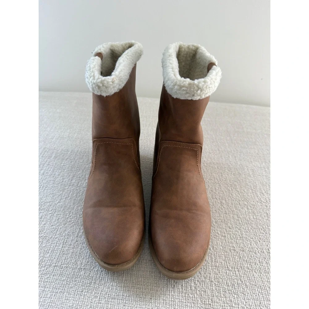 Jands Women's Brown Faux Leather Mid-Calf Winter Boots Fleece Sherpa Trim Size 9